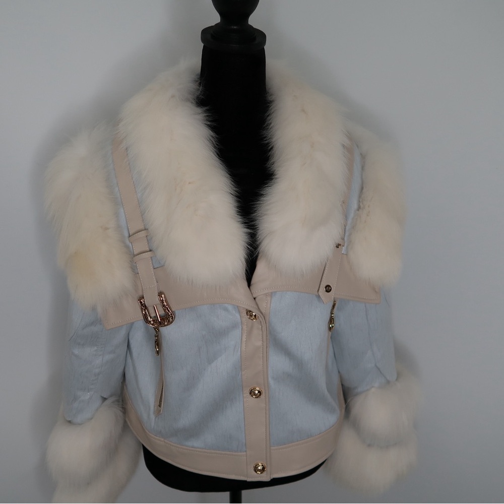 Women's Fur-Trimmed Jacket in Cream and Blue brand new